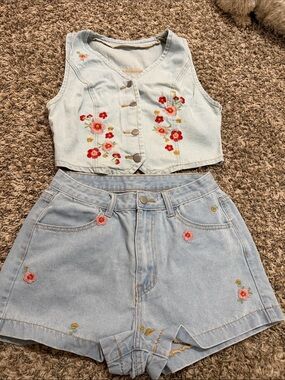 Light Wash Embroidered Denim Crop Vest & High-Rise Shorts Set
